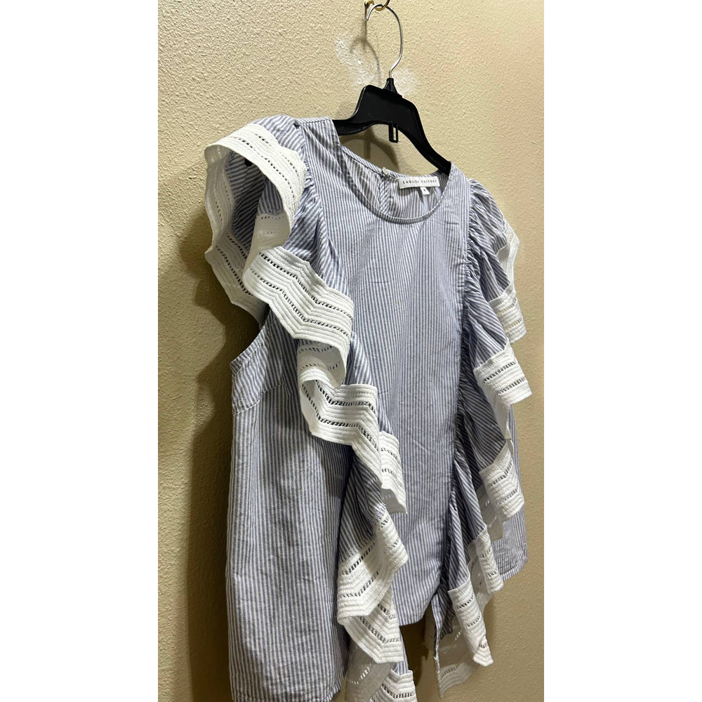 ENGLISH FACTORY Blue White Pinstripe Shirt M Ruffle Cap Top Boho Indie Festival - Picture 3 of 9